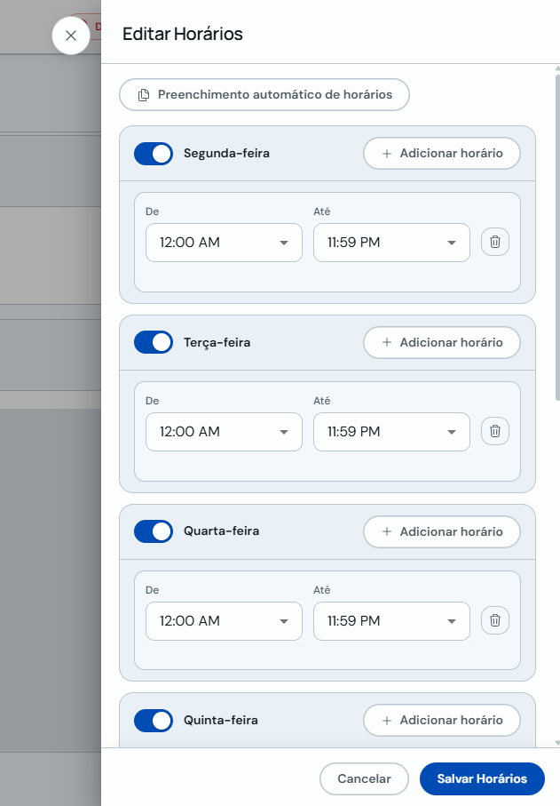 Modal Editar Horários com dias da semana e faixas horárias