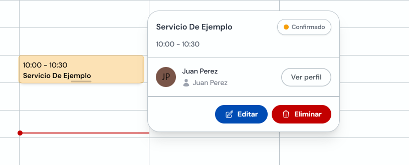 Detalle de una cita en el calendario con opciones Editar y Eliminar