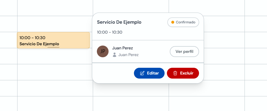 Detalhe da consulta no calendário com opções Editar e Excluir