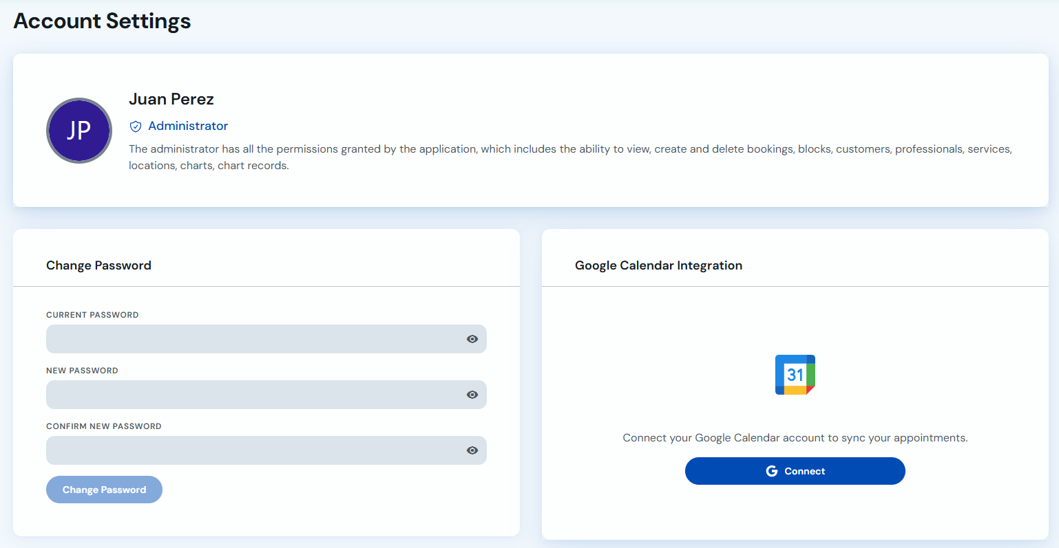 Account settings with password change form