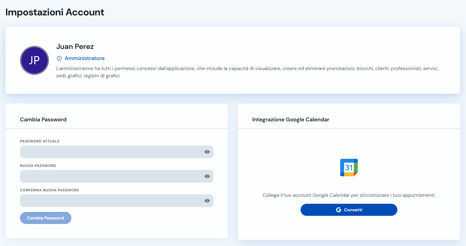 Impostazioni account con modulo per cambiare password