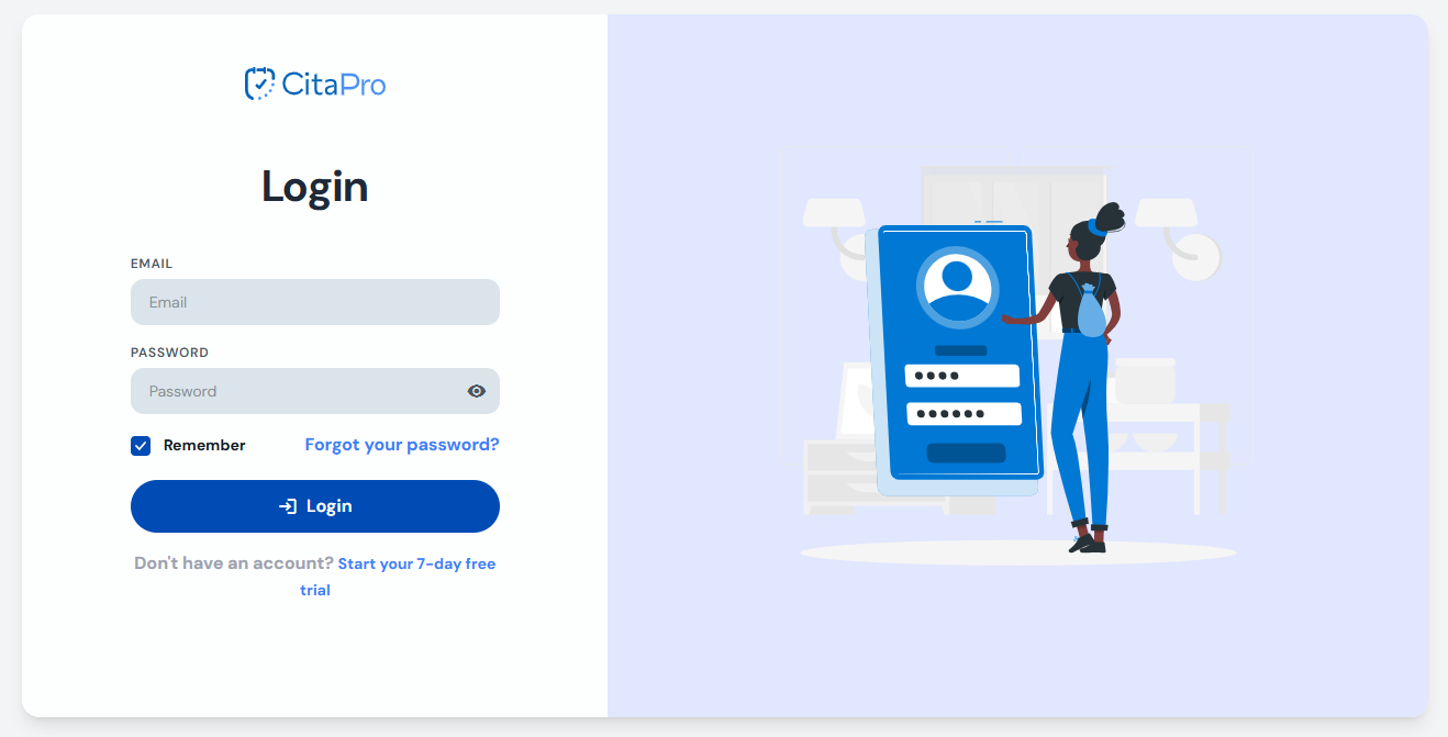 Login screen with the link to start the free trial