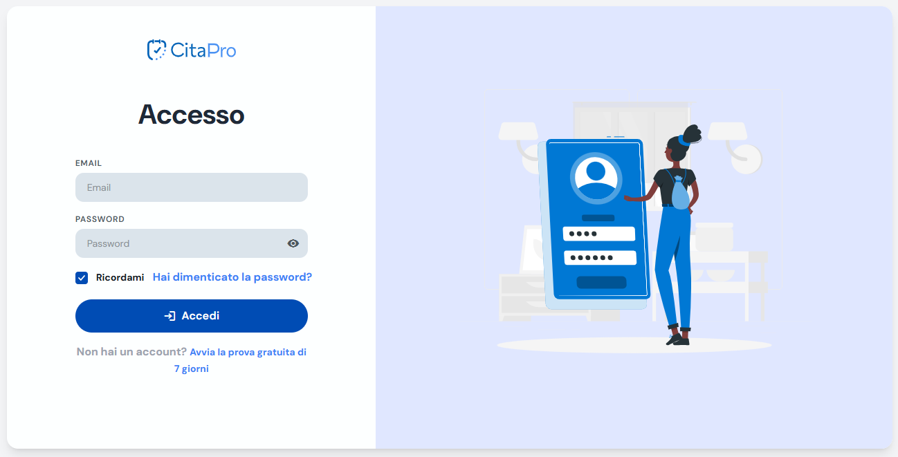 Schermata di accesso con il link per iniziare la prova gratuita