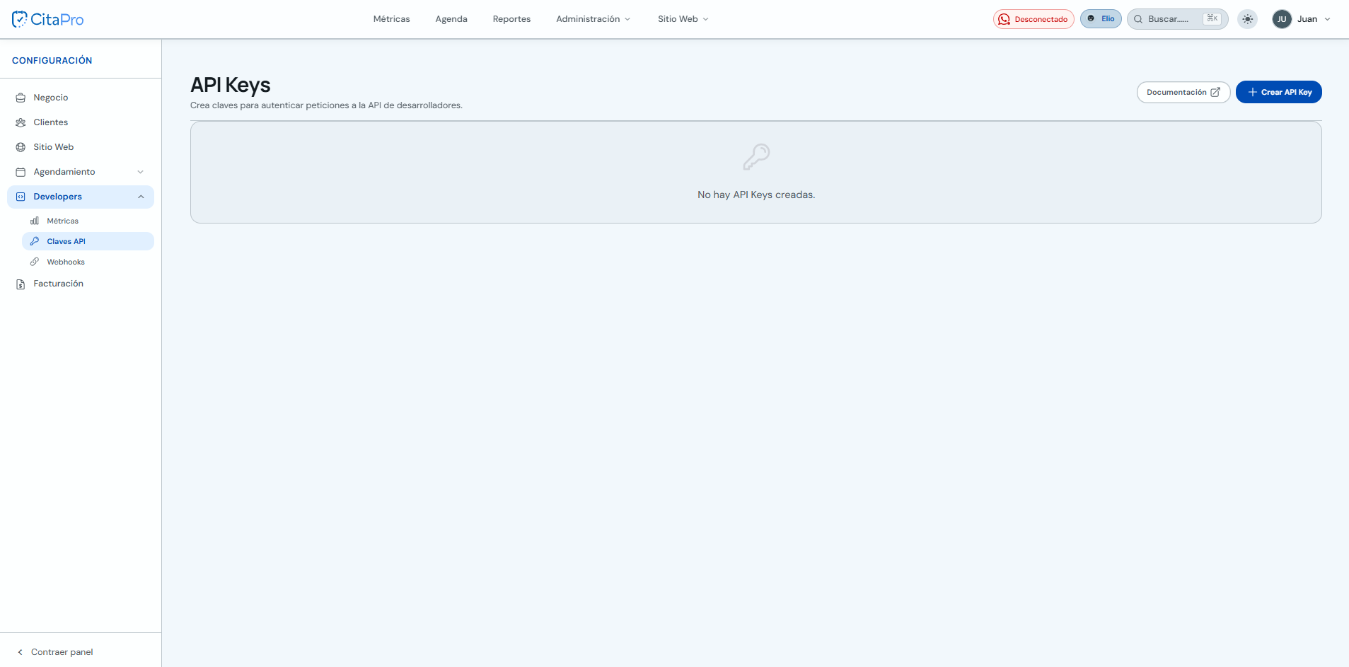 Sección Claves API en Configuración