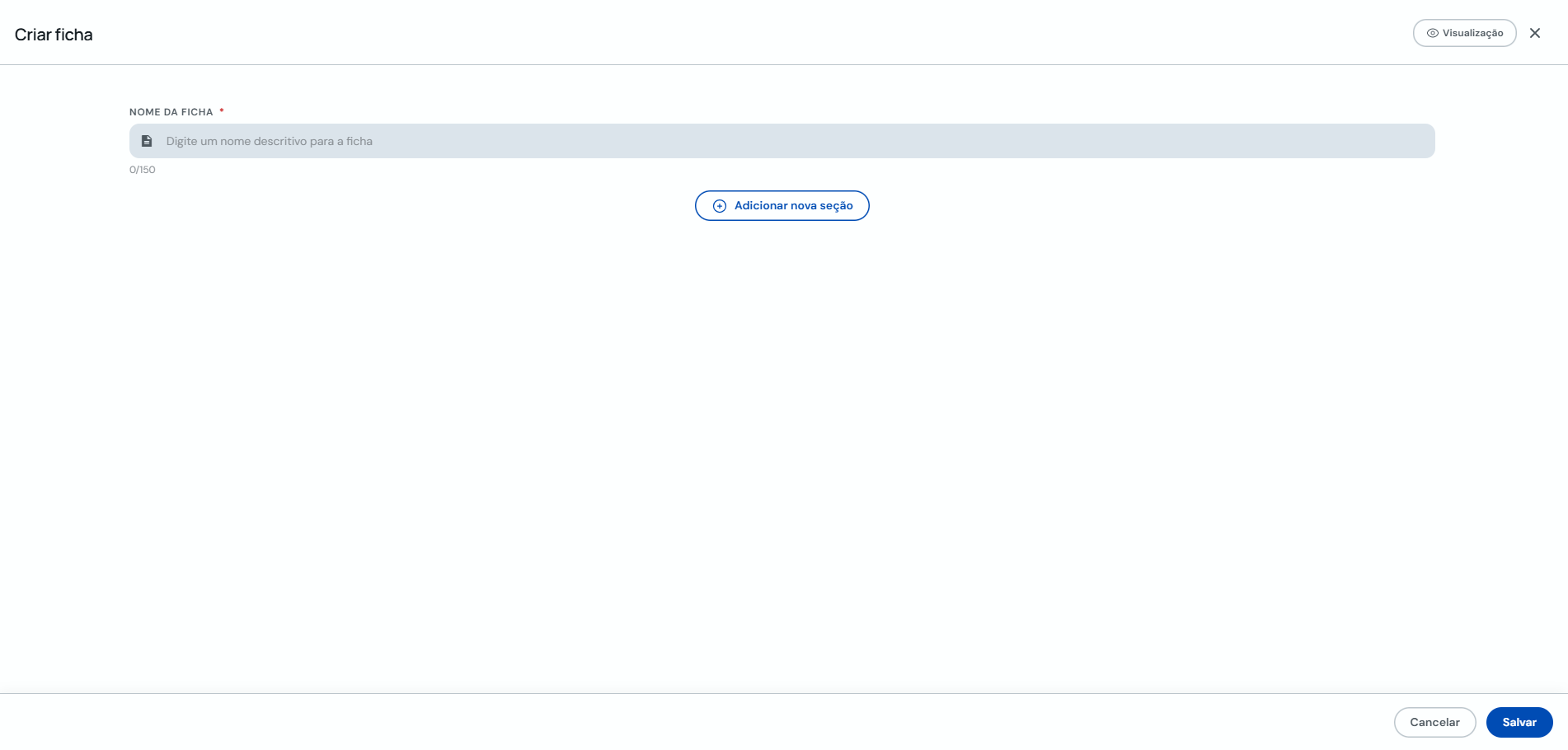 Tela Criar ficha com nome e botão adicionar seção
