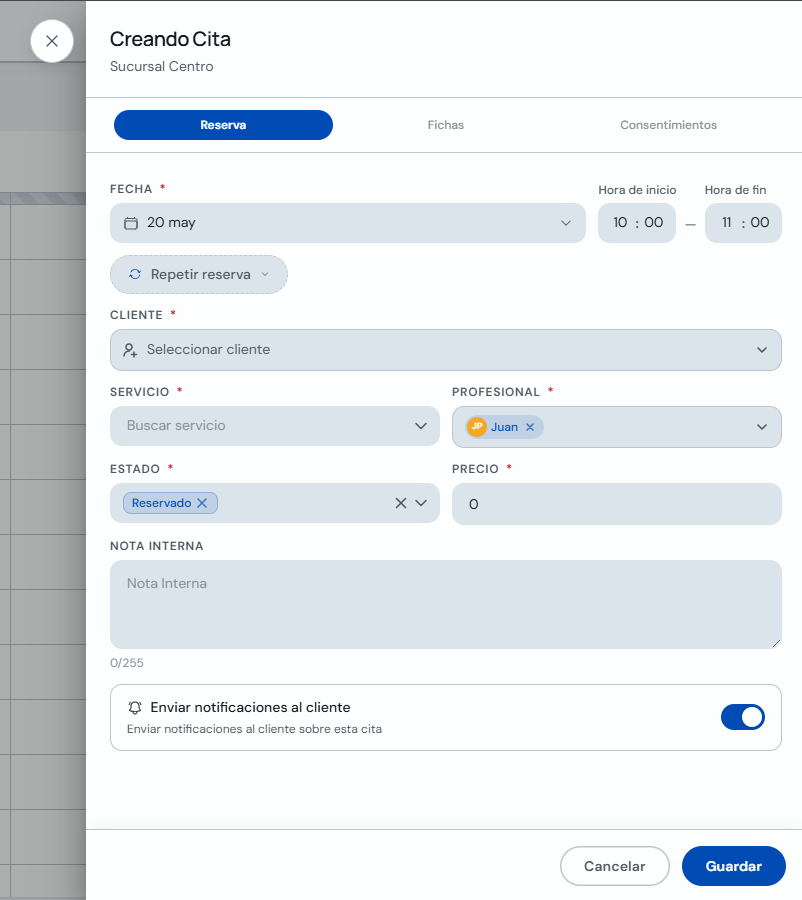 Formulario Creando Cita con el campo Cliente