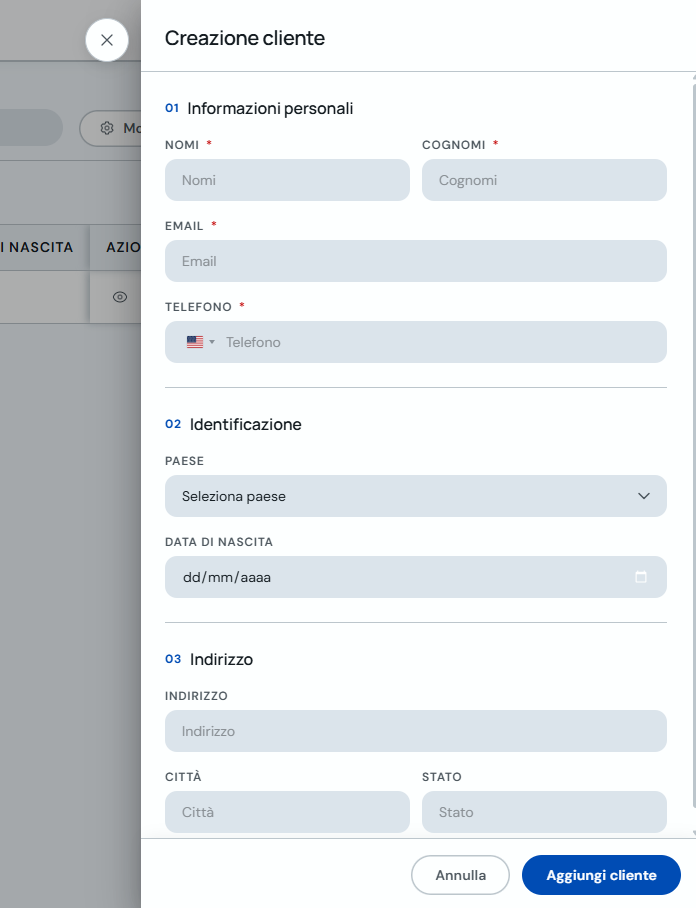 Modulo per creare un nuovo cliente in CitaPro