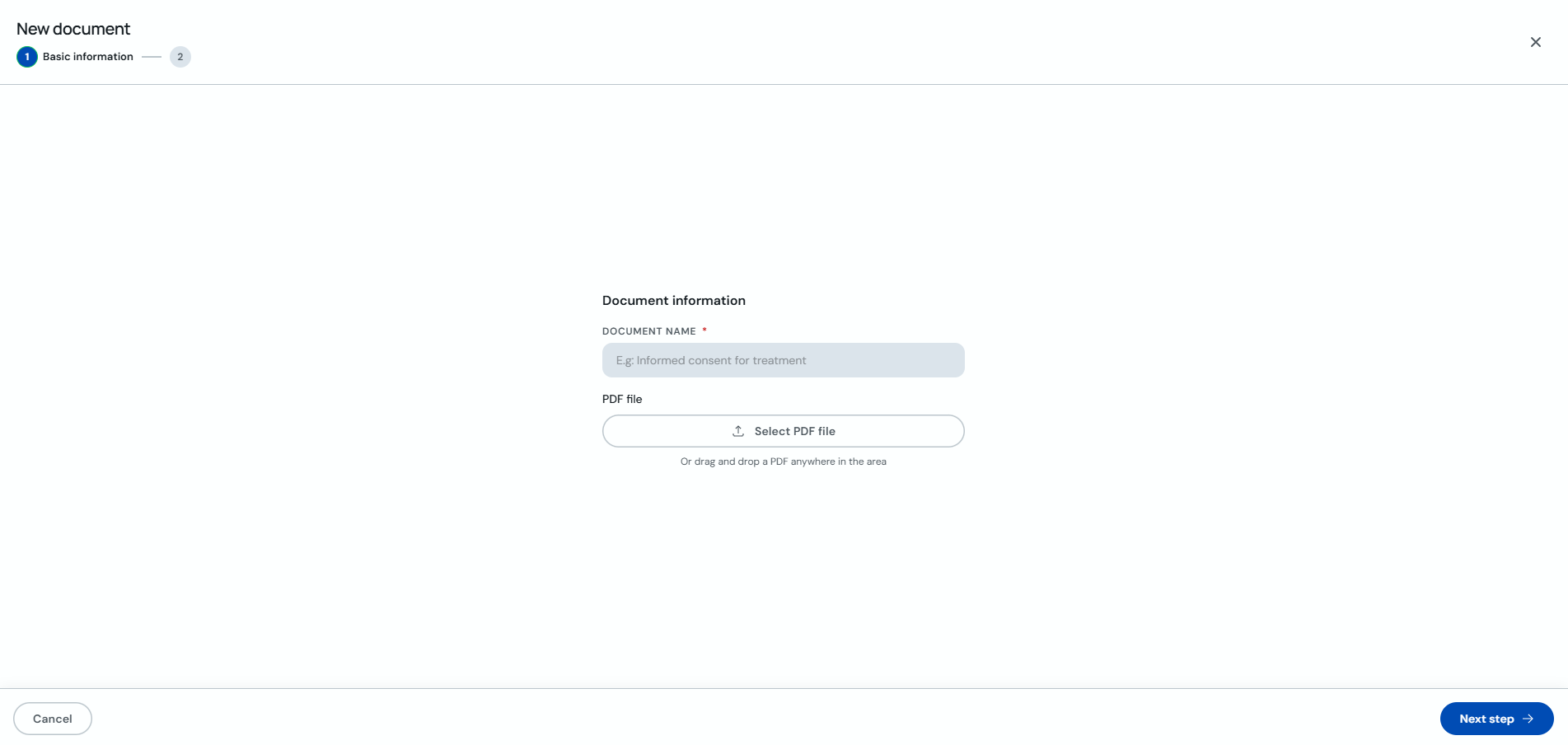 Step 1 with document name and PDF upload