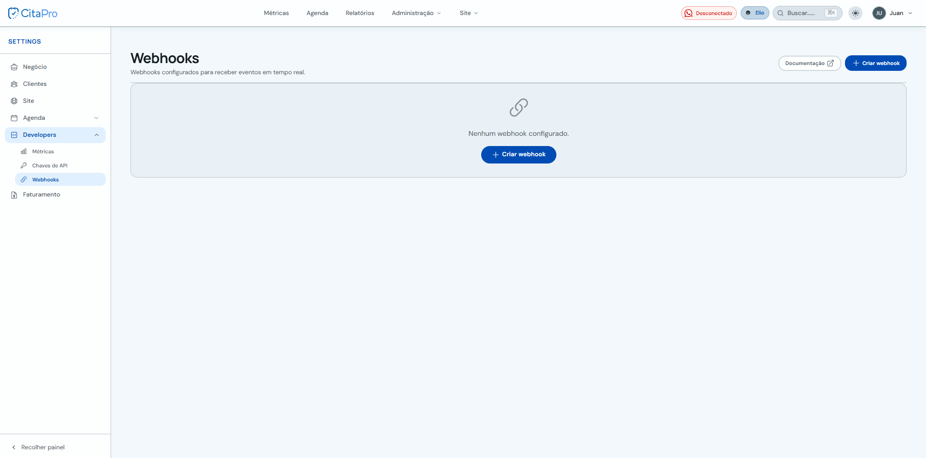 Seção Webhooks em Configurações