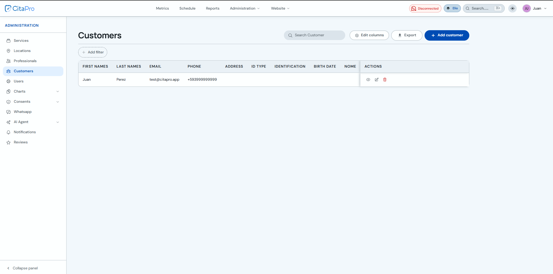 Clients list with the Edit columns button