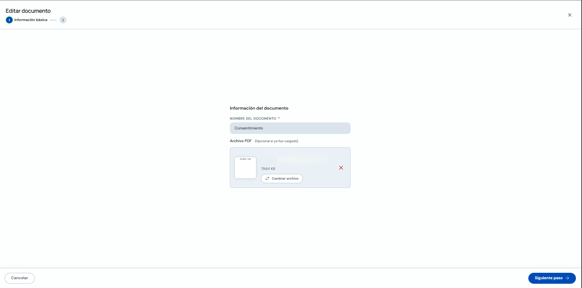 Paso de información básica al editar un consentimiento