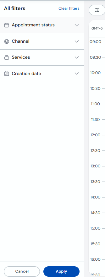 All filters panel with sections and Apply and Cancel buttons