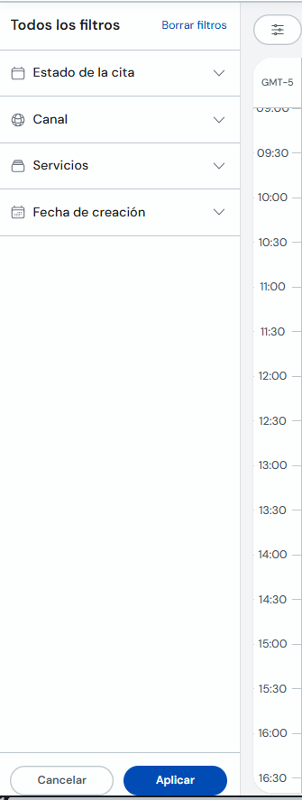Panel Todos los filtros con secciones y botones Aplicar y Cancelar