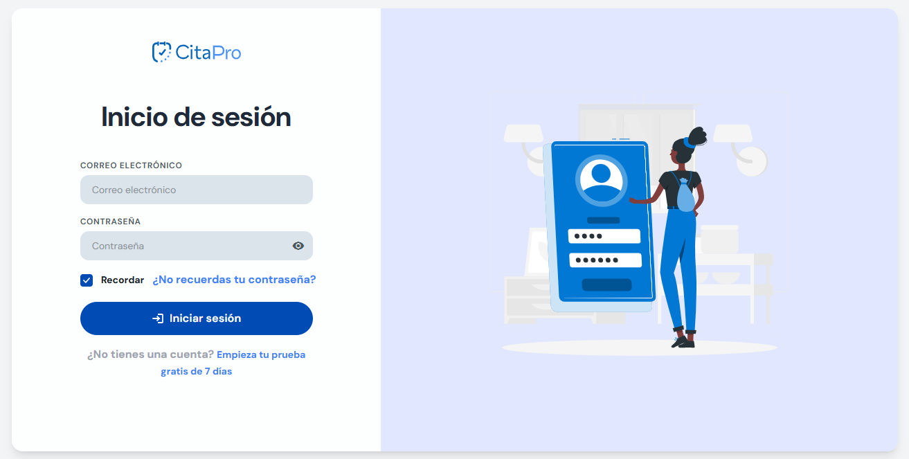 Pantalla de inicio de sesión con el enlace para recuperar contraseña