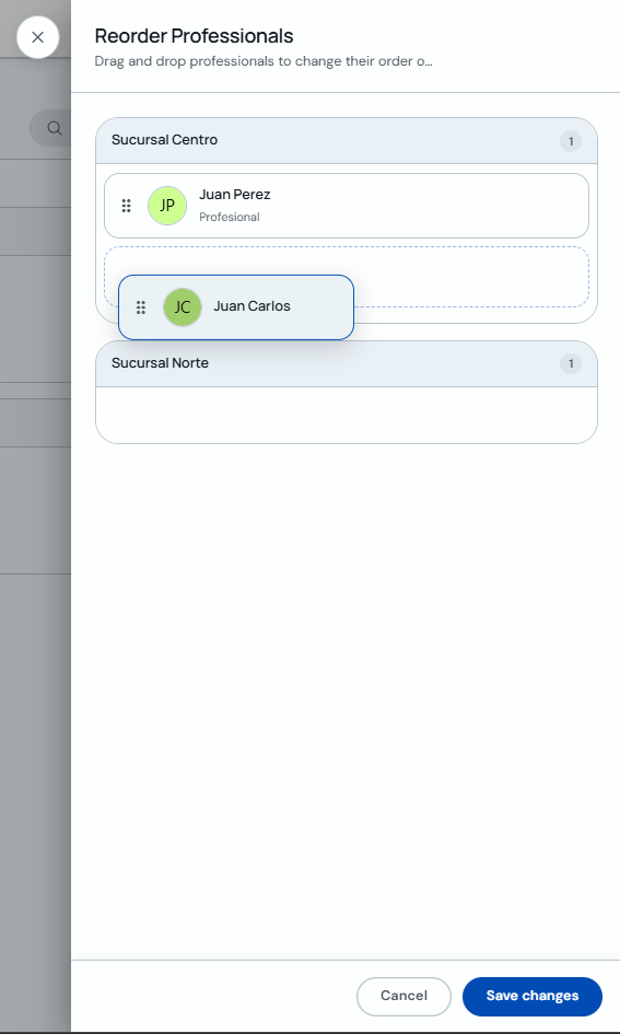 Dragging a professional between branches in the reorganization modal