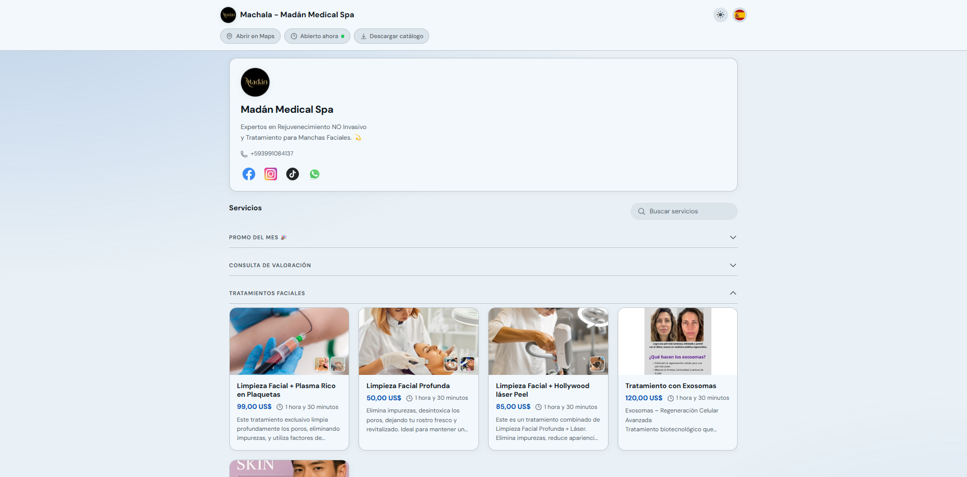 Minisitio de reservas con información del negocio y listado de servicios