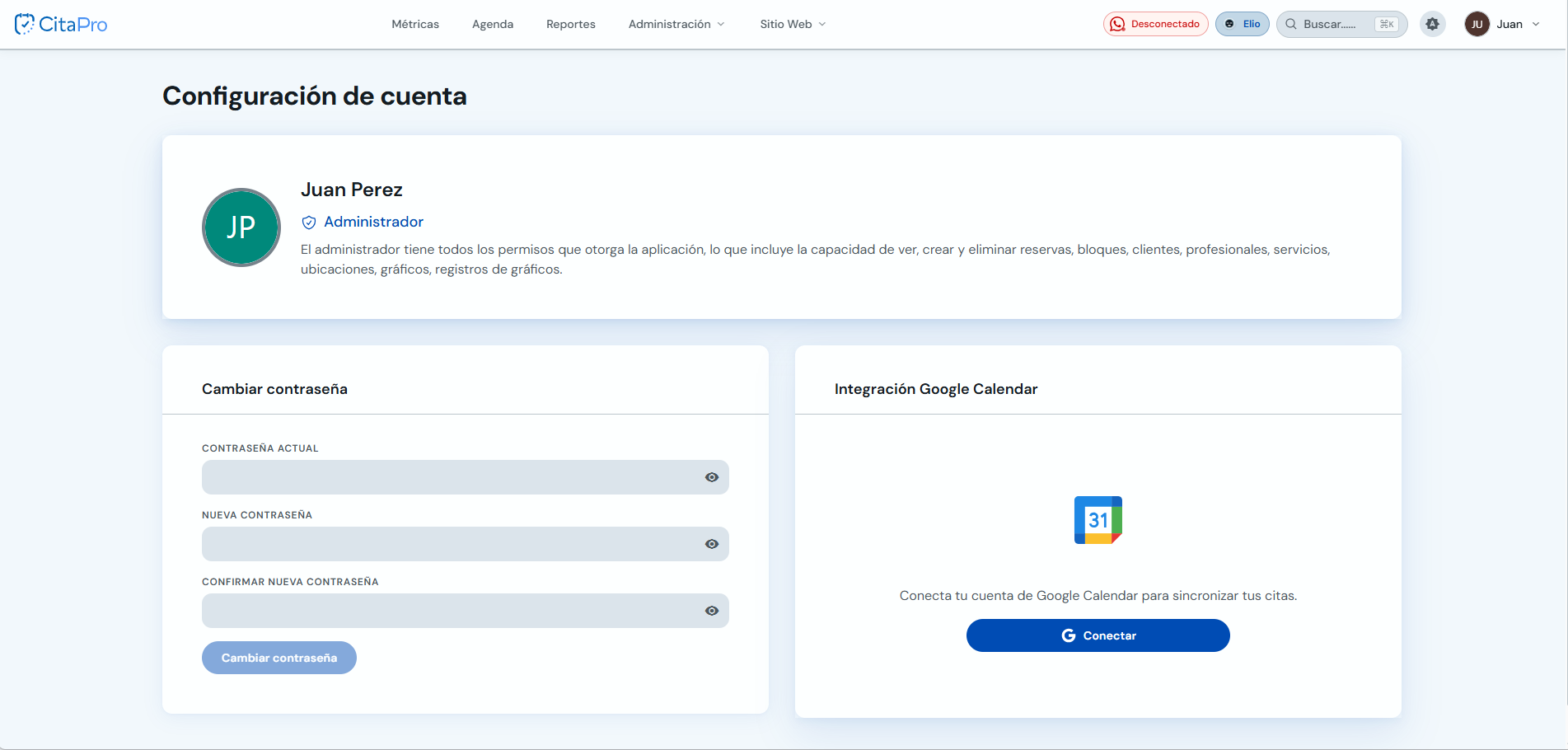 Pantalla de configuración de cuenta con el botón Conectar de Google Calendar