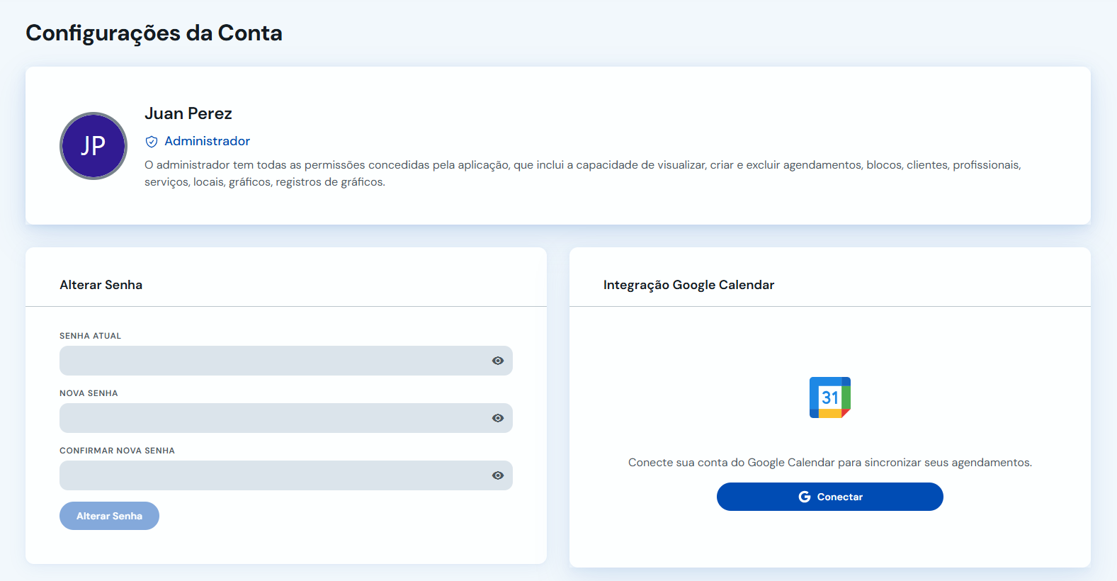 Tela de configuração da conta com o botão Conectar do Google Agenda