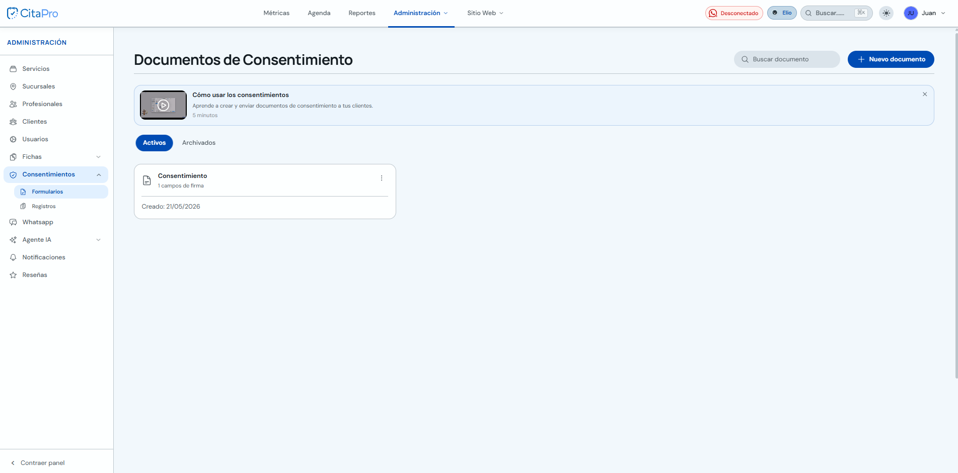 Listado de documentos de consentimiento activos