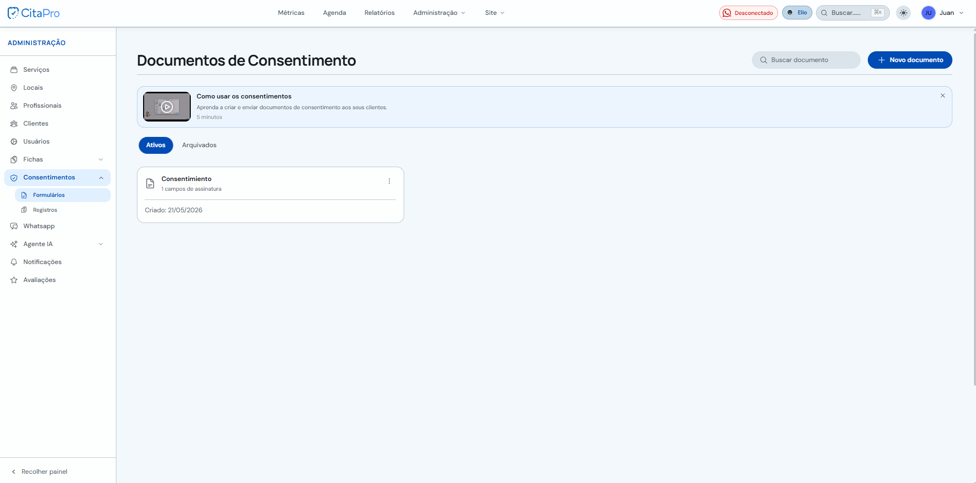 Lista de documentos de consentimento em Formulários